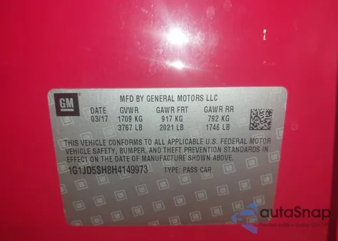 2017 Chevrolet Sonic Lt Auto z USA, uszkodzony, nr VIN 1G1JD5SH8H4149973